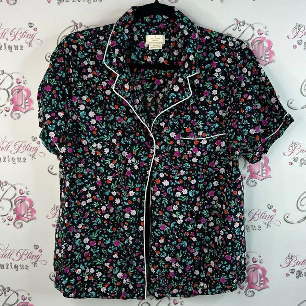 Kate spade button down tshirt button up flowers purple blue green Floral Print